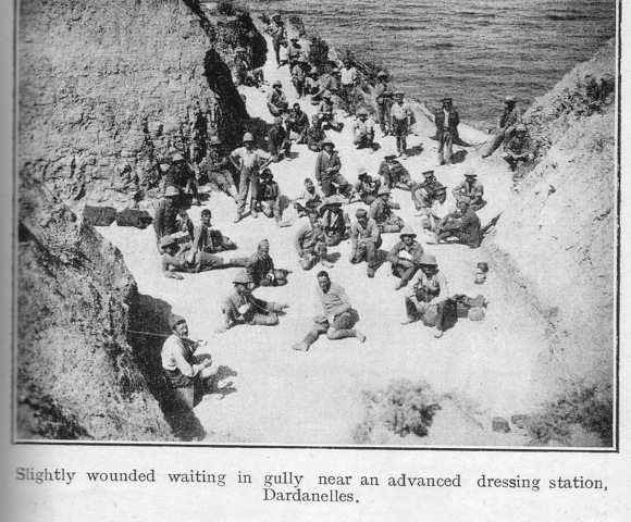 Slightly wounded waiting in gully near an advanced dressing station, Dardanelles.